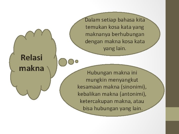 Relasi makna Dalam setiap bahasa kita temukan kosa kata yang maknanya berhubungan dengan makna