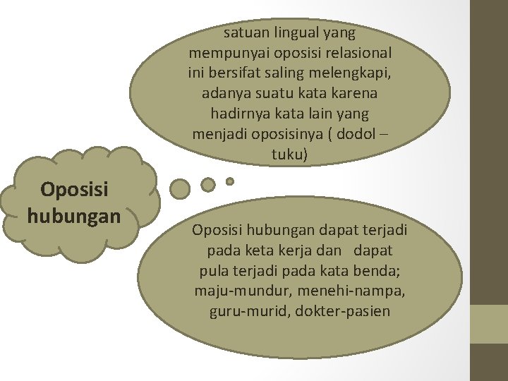 satuan lingual yang mempunyai oposisi relasional ini bersifat saling melengkapi, adanya suatu kata karena