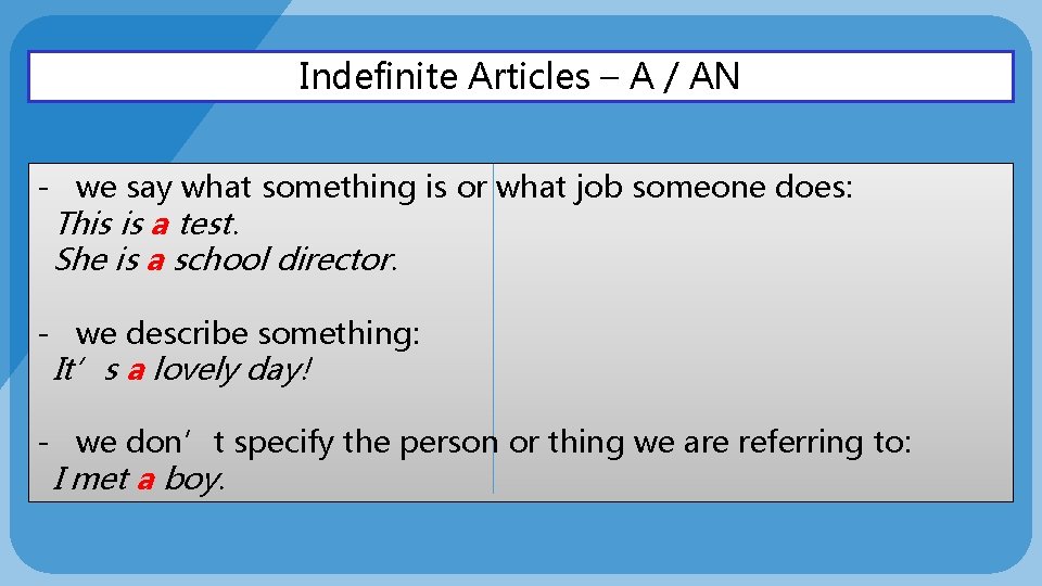 Indefinite Articles – A / AN - we say what something is or what
