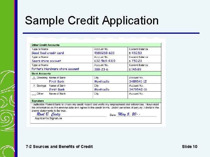 Sample Credit Application 7 -2 Sources and Benefits of Credit Slide 10 