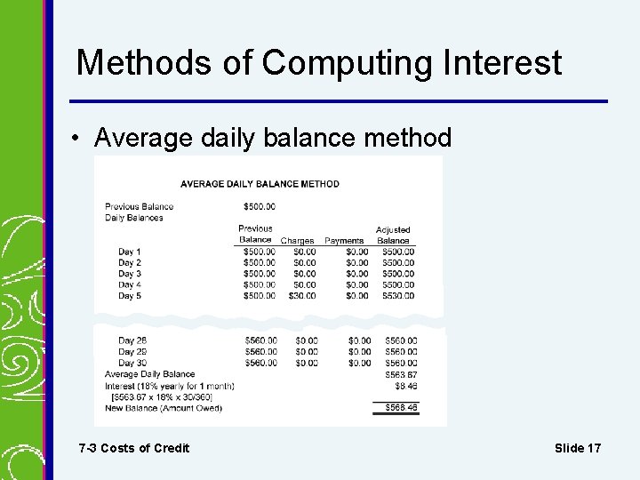 Methods of Computing Interest • Average daily balance method 7 -3 Costs of Credit