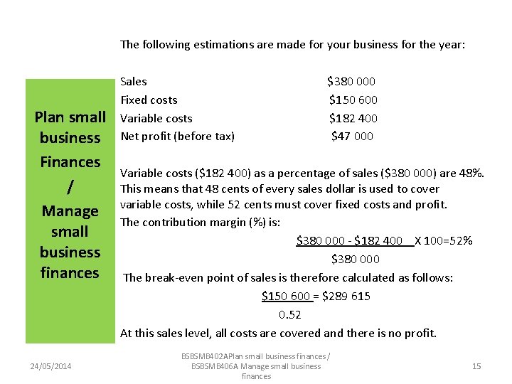 The following estimations are made for your business for the year: Plan small business