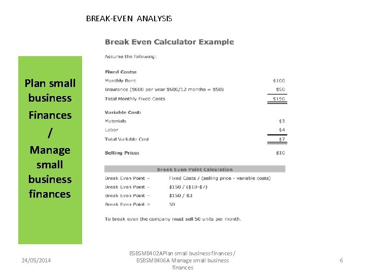 BREAK EVEN ANALYSIS Plan small business Finances / Manage small business finances 24/05/2014 BSBSMB