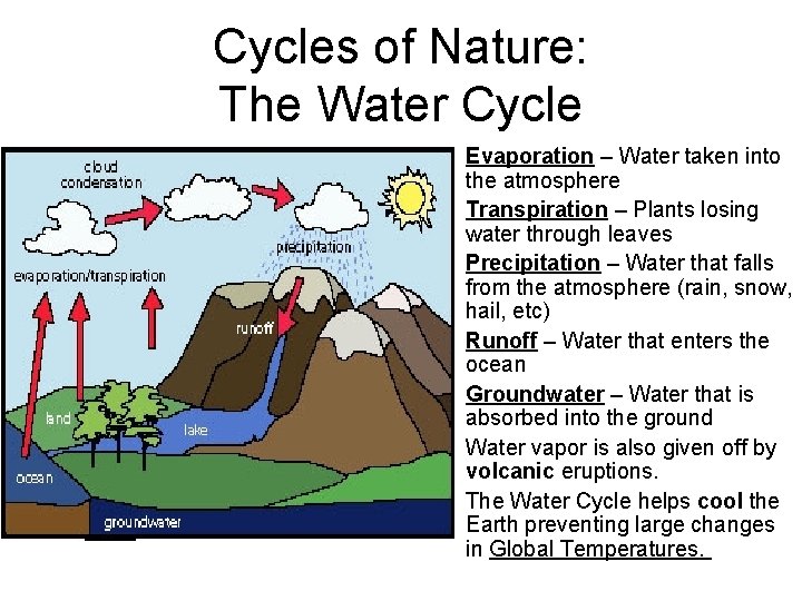 Cycles of Nature: The Water Cycle • Evaporation – Water taken into the atmosphere Cycles of Nature: The Water Cycle • Evaporation – Water taken into the atmosphere