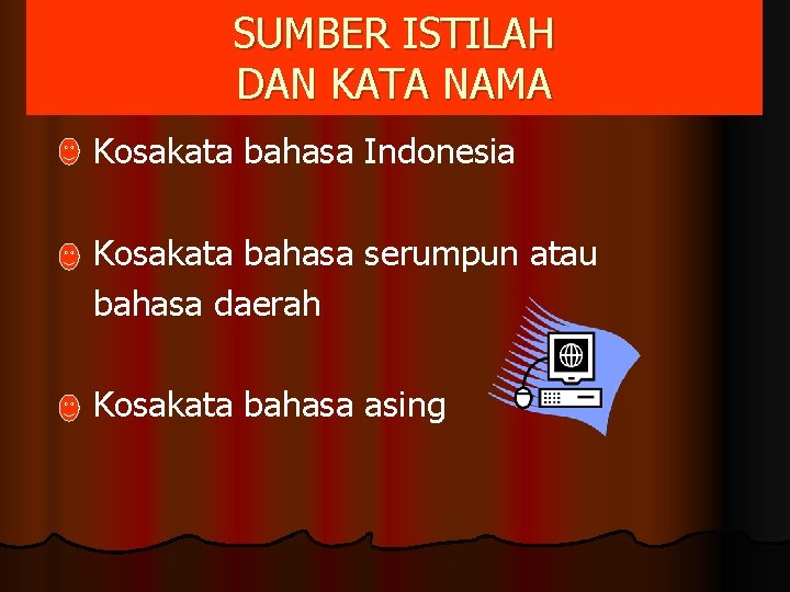 SUMBER ISTILAH DAN KATA NAMA Kosakata bahasa Indonesia Kosakata bahasa serumpun atau bahasa daerah