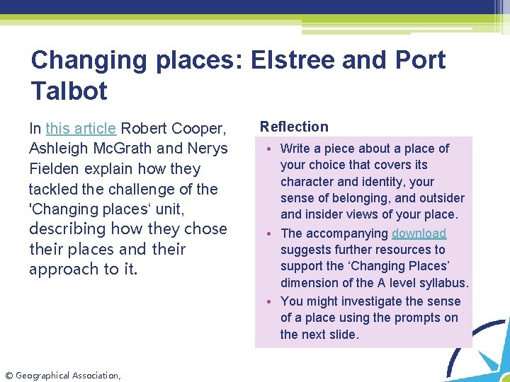 Changing places: Elstree and Port Talbot In this article Robert Cooper, Ashleigh Mc. Grath