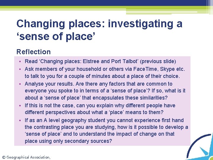 Changing places: investigating a ‘sense of place’ Reflection • Read ‘Changing places: Elstree and