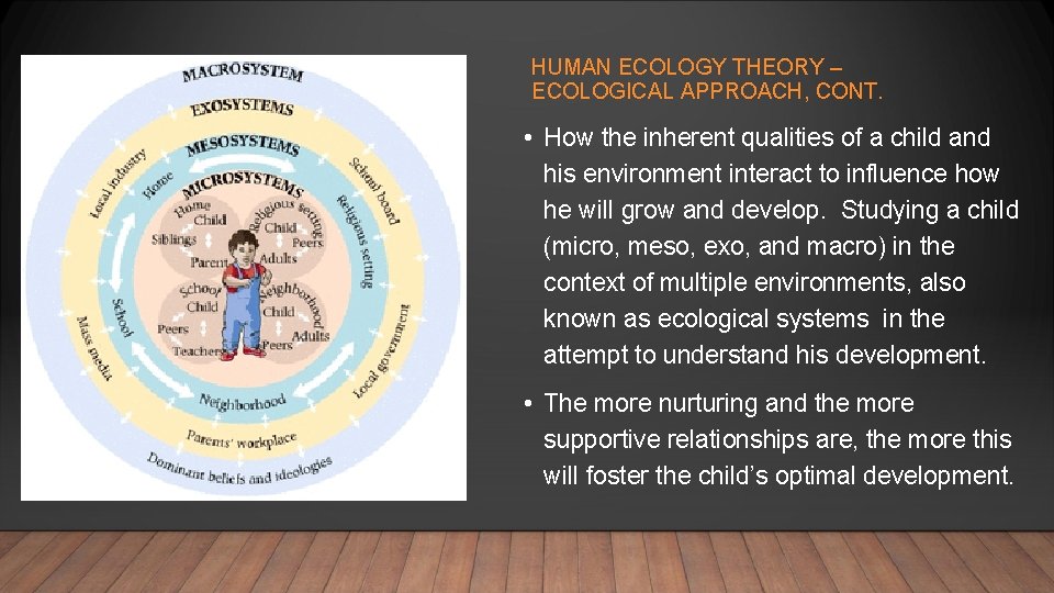 HUMAN ECOLOGY THEORY – ECOLOGICAL APPROACH, CONT. • How the inherent qualities of a