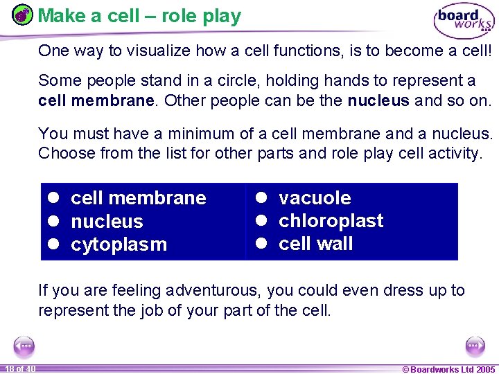 Make a cell – role play One way to visualize how a cell functions,