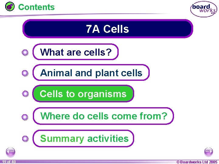Contents 7 A Cells What are cells? Animal and plant cells Cells to organisms