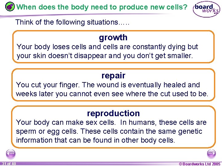 When does the body need to produce new cells? Think of the following situations….