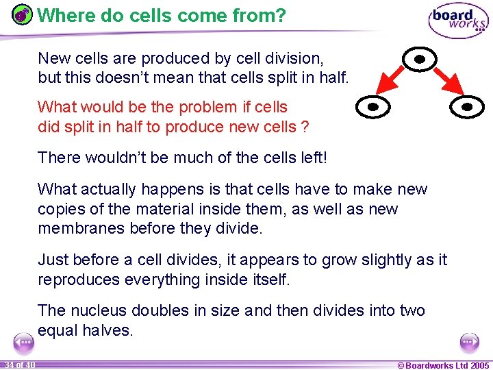 Where do cells come from? New cells are produced by cell division, but this