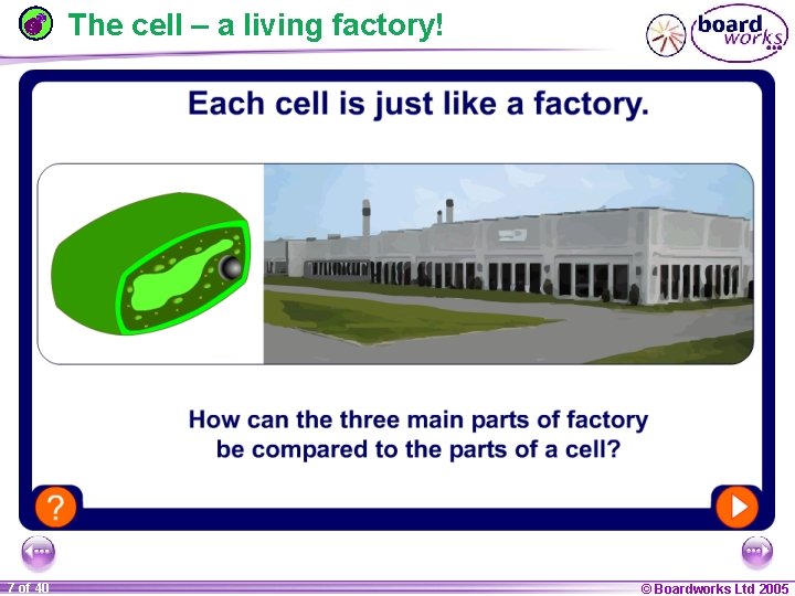 The cell – a living factory! 1 20 7 of 40 © Boardworks Ltd
