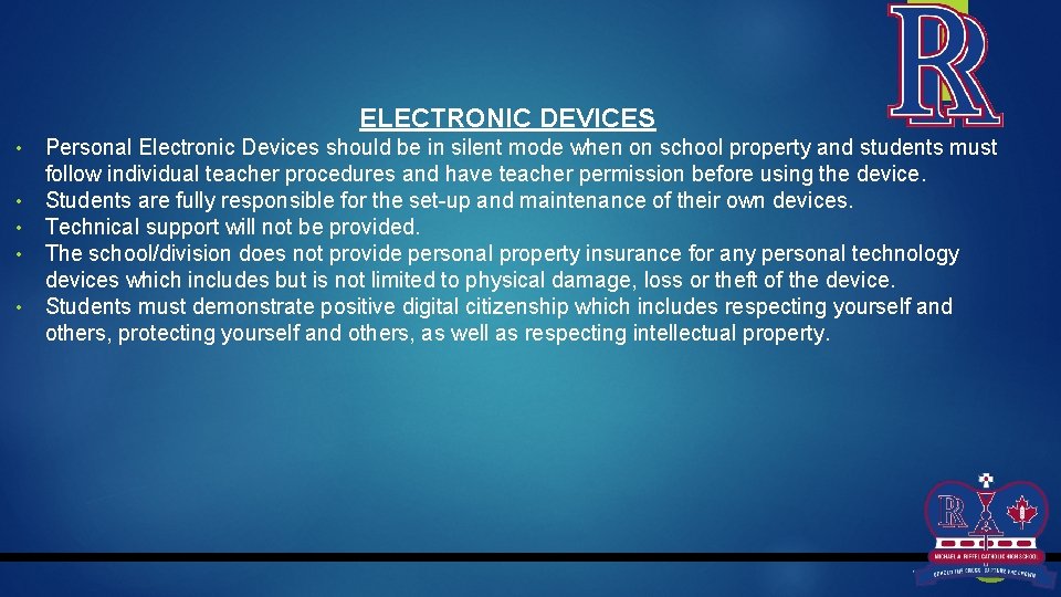 ELECTRONIC DEVICES • • • Personal Electronic Devices should be in silent mode when