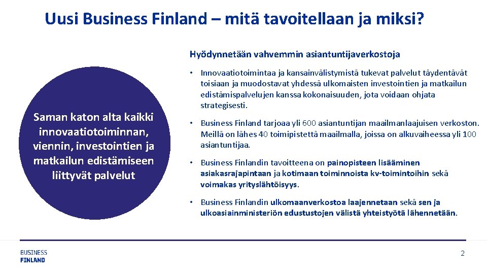Uusi Business Finland – mitä tavoitellaan ja miksi? Hyödynnetään vahvemmin asiantuntijaverkostoja Saman katon alta