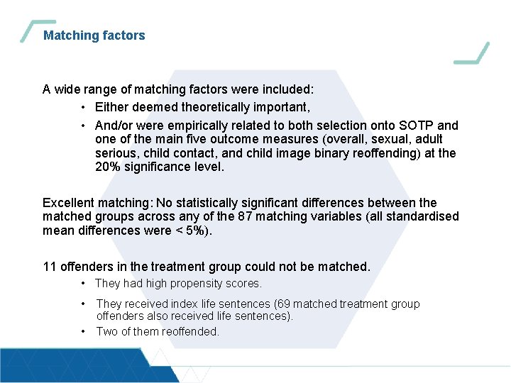 Matching factors A wide range of matching factors were included: • Either deemed theoretically