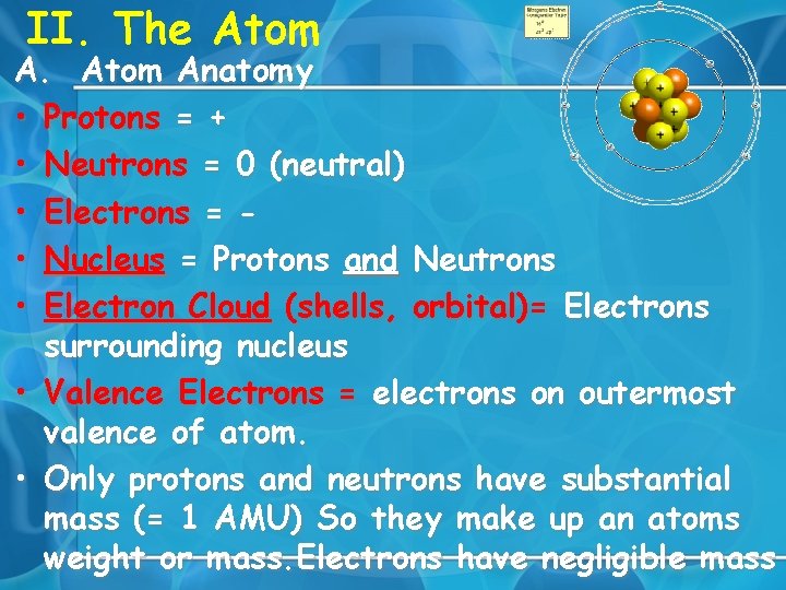 II. The Atom Anatomy • Protons = + • Neutrons = 0 (neutral) •