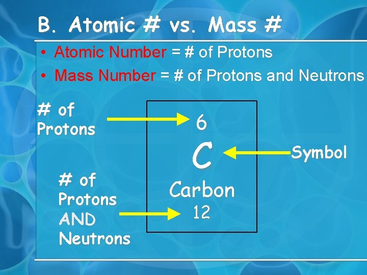 B. Atomic # vs. Mass # • Atomic Number = # of Protons •