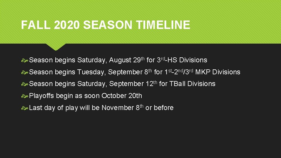 FALL 2020 SEASON TIMELINE Season begins Saturday, August 29 th for 3 rd-HS Divisions