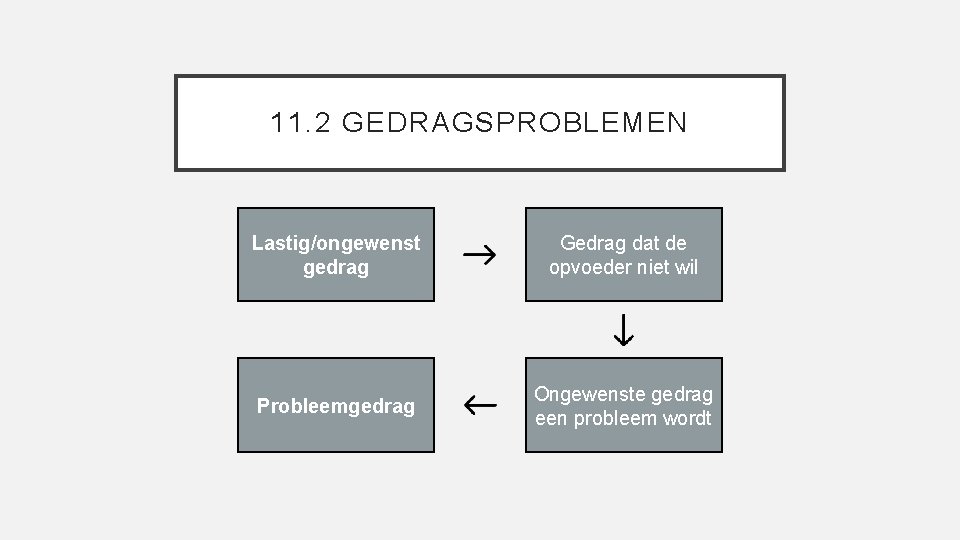 11. 2 GEDRAGSPROBLEMEN Lastig/ongewenst gedrag Gedrag dat de opvoeder niet wil Probleemgedrag Ongewenste gedrag