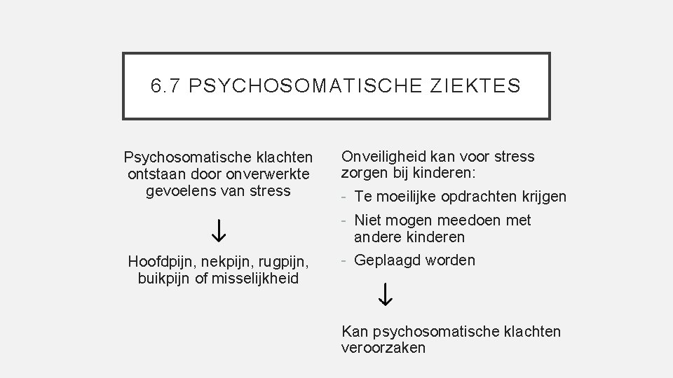 6. 7 PSYCHOSOMATISCHE ZIEKTES Psychosomatische klachten ontstaan door onverwerkte gevoelens van stress Onveiligheid kan