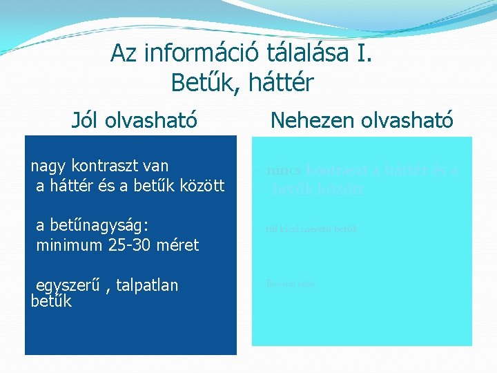 Az információ tálalása I. Betűk, háttér Jól olvasható nagy kontraszt van a háttér és