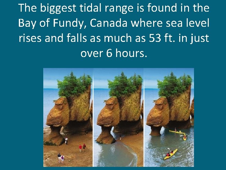 The biggest tidal range is found in the Bay of Fundy, Canada where sea