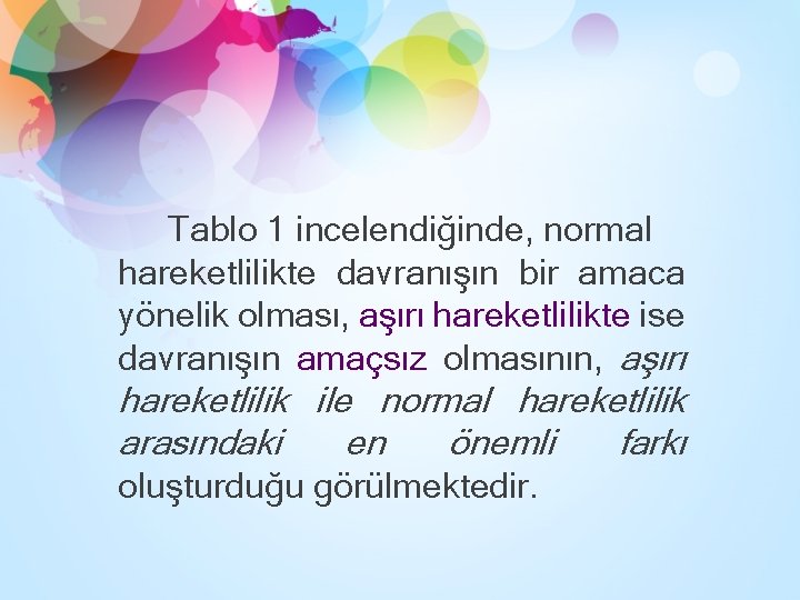 Tablo 1 incelendiğinde, normal hareketlilikte davranışın bir amaca yönelik olması, aşırı hareketlilikte ise davranışın