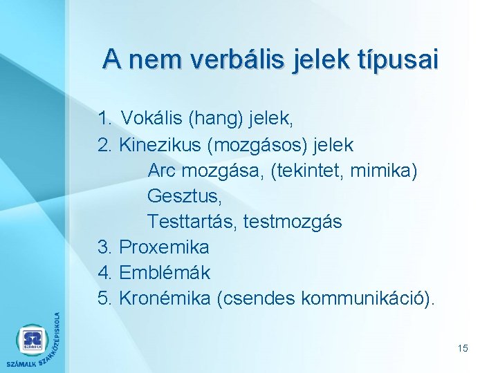 A nem verbális jelek típusai 1. Vokális (hang) jelek, 2. Kinezikus (mozgásos) jelek Arc