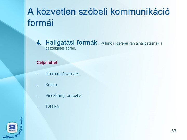 A közvetlen szóbeli kommunikáció formái 4. Hallgatási formák. Különös szerepe van a hallgatásnak a