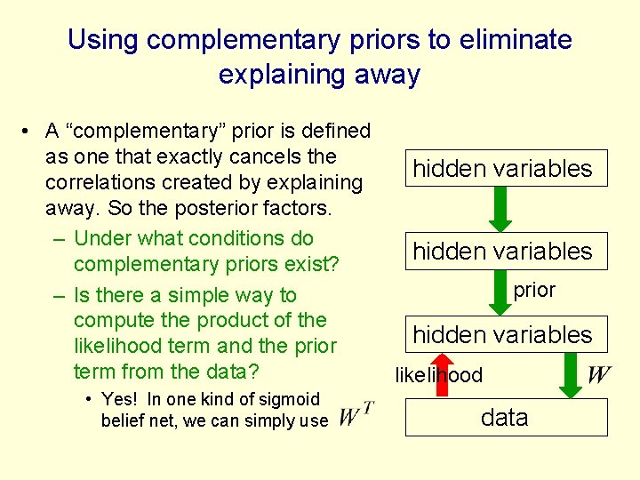 Using complementary priors to eliminate explaining away • A “complementary” prior is defined as