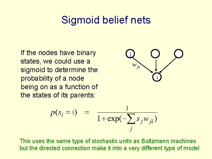 Sigmoid belief nets If the nodes have binary states, we could use a sigmoid