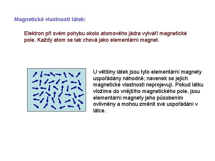 Magnetické vlastnosti látek: Elektron při svém pohybu okolo atomového jádra vytváří magnetické pole. Každý