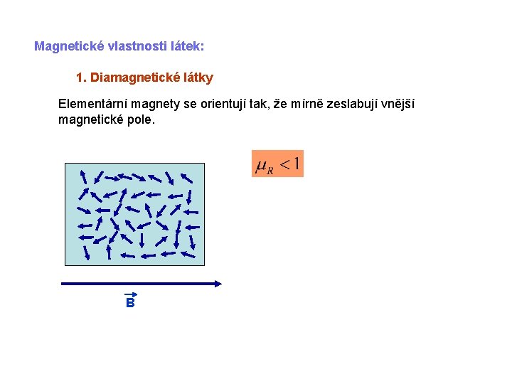 Magnetické vlastnosti látek: 1. Diamagnetické látky Elementární magnety se orientují tak, že mírně zeslabují