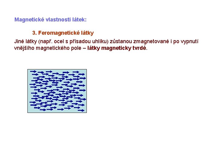 Magnetické vlastnosti látek: 3. Feromagnetické látky Jiné látky (např. ocel s přísadou uhlíku) zůstanou