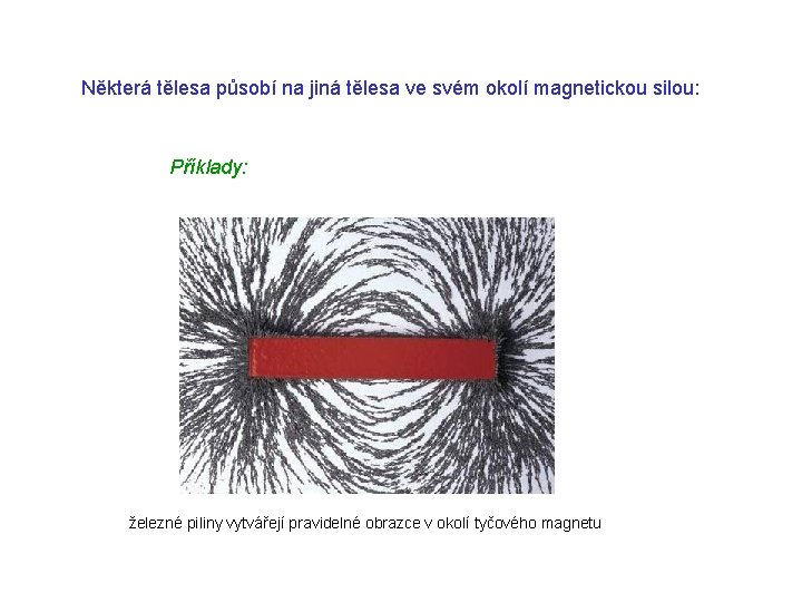 Některá tělesa působí na jiná tělesa ve svém okolí magnetickou silou: Příklady: železné piliny