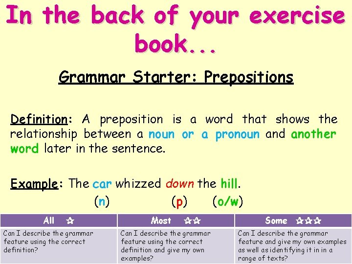 In the back of your exercise book. . . Grammar Starter: Prepositions Definition: A