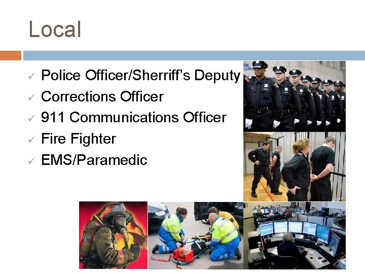 Local ü ü ü Police Officer/Sherriff’s Deputy Corrections Officer 911 Communications Officer Fire Fighter