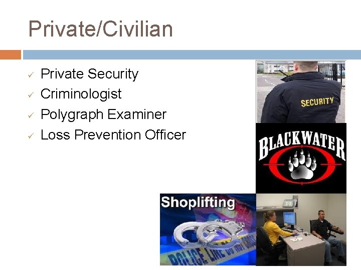 Private/Civilian ü ü Private Security Criminologist Polygraph Examiner Loss Prevention Officer 
