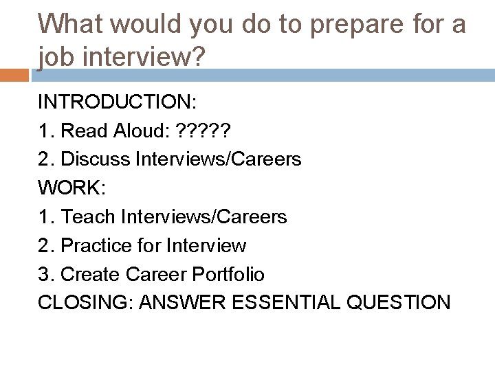 What would you do to prepare for a job interview? INTRODUCTION: 1. Read Aloud: