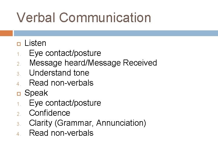 Verbal Communication 1. 2. 3. 4. Listen Eye contact/posture Message heard/Message Received Understand tone