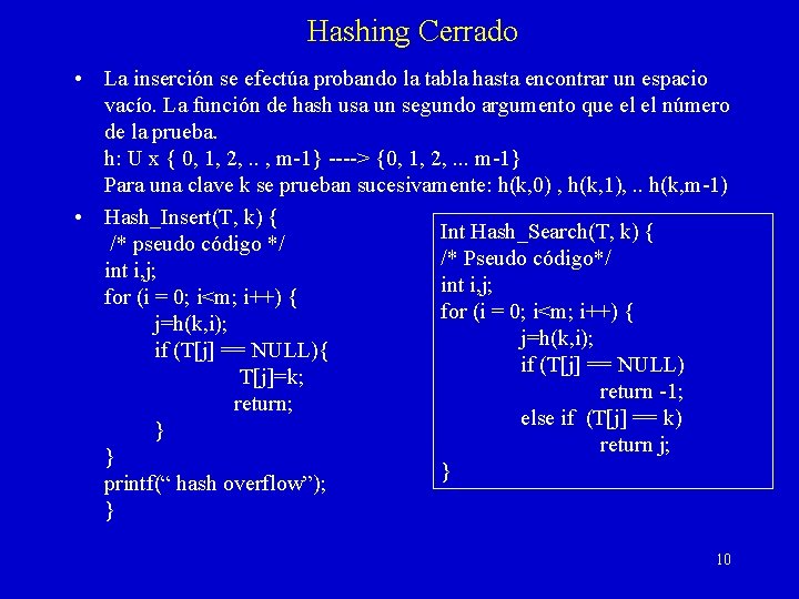 Hashing Cerrado • La inserción se efectúa probando la tabla hasta encontrar un espacio