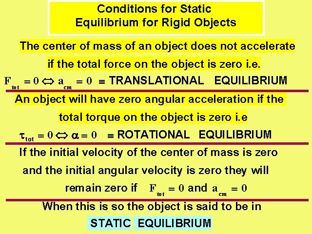 Conditions for Static Equilibrium for Rigid Objects The center of mass of an object