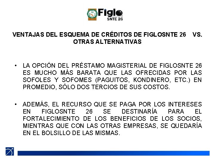 VENTAJAS DEL ESQUEMA DE CRÉDITOS DE FIGLOSNTE 26 OTRAS ALTERNATIVAS VS. • LA OPCIÓN