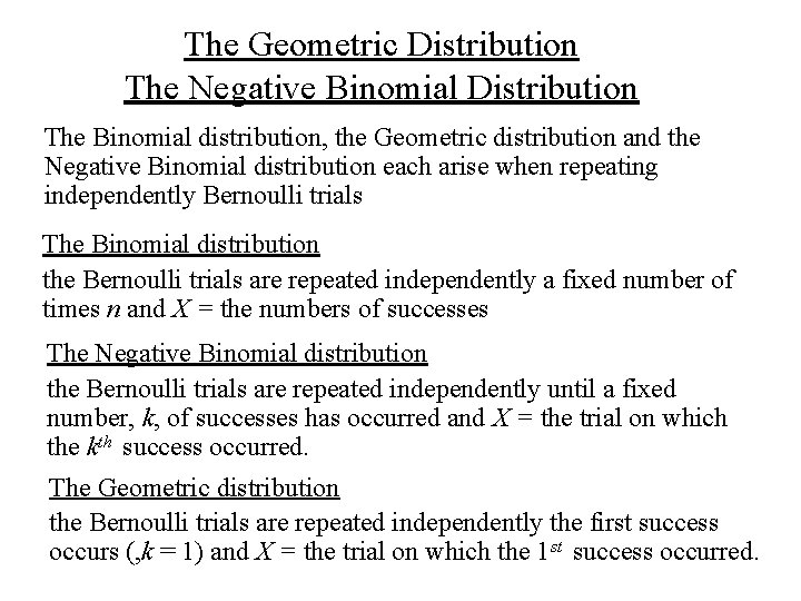 The Geometric Distribution The Negative Binomial Distribution The Binomial distribution, the Geometric distribution and