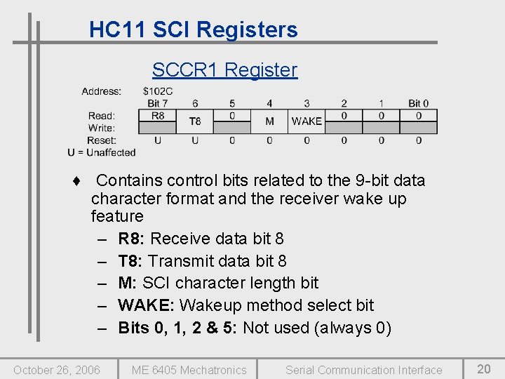 HC 11 SCI Registers SCCR 1 Register ♦ Contains control bits related to the