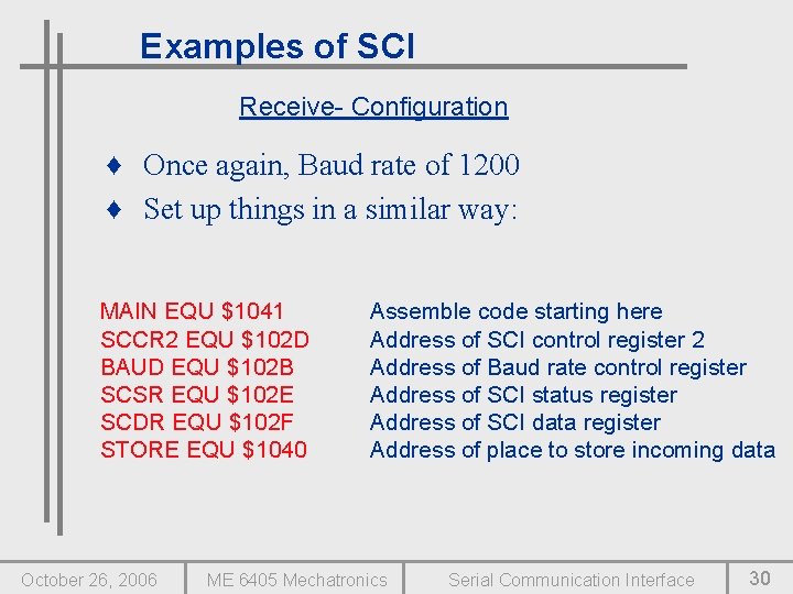 Examples of SCI Receive- Configuration ♦ Once again, Baud rate of 1200 ♦ Set