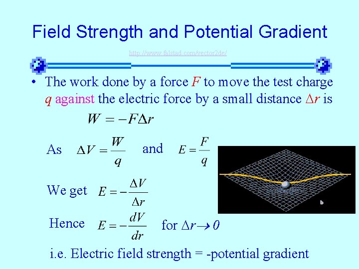 Field Strength and Potential Gradient http: //www. falstad. com/vector 2 de/ • The work