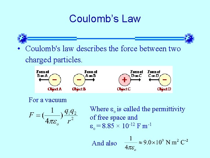 Coulomb’s Law • Coulomb's law describes the force between two charged particles. For a