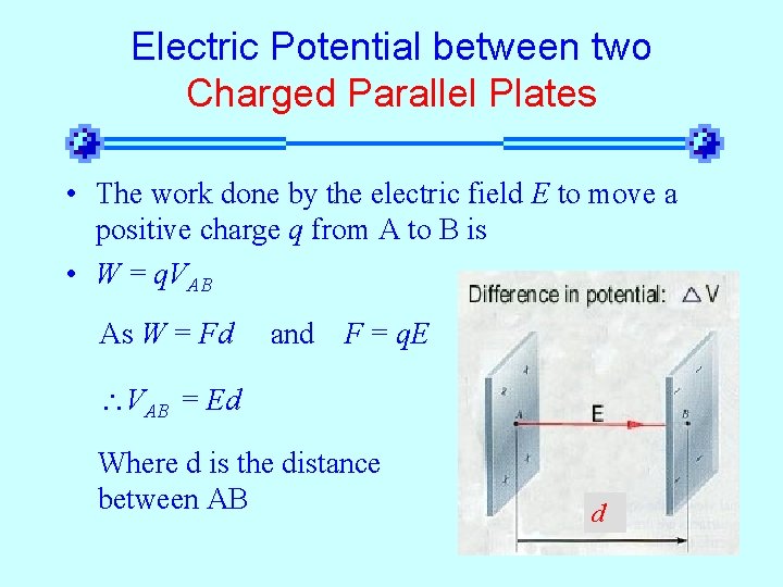 Electric Potential between two Charged Parallel Plates • The work done by the electric